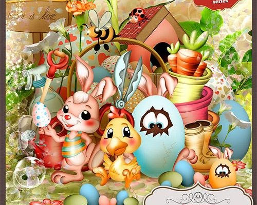卡通26个英文字母动漫兔子花朵绿草背景彩蛋复活节元素下载