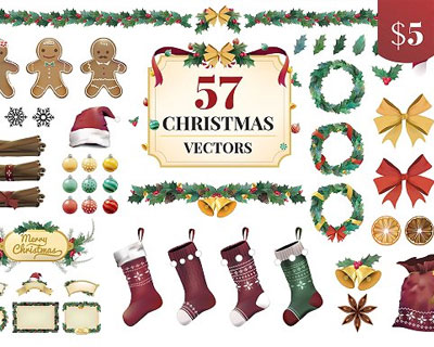 圣诞节装饰球铃铛姜饼人花环袜子插画矢量元素