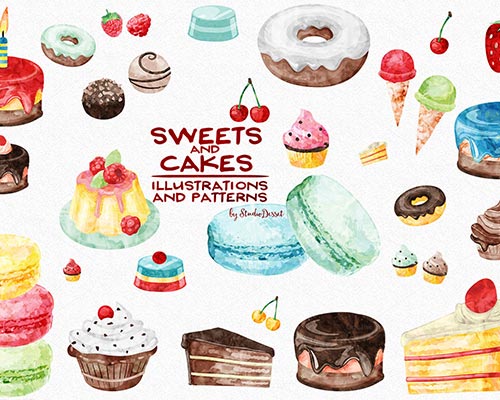 手绘蛋糕甜品马卡龙草莓水彩PNG免抠设计素材下载