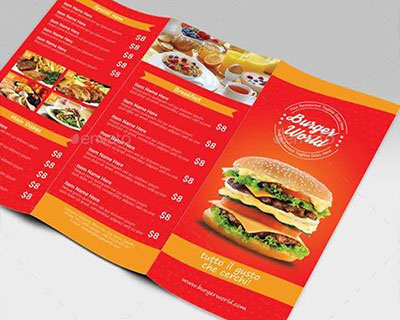 红色汉堡包快餐点菜单三折页PSD分层设计素材