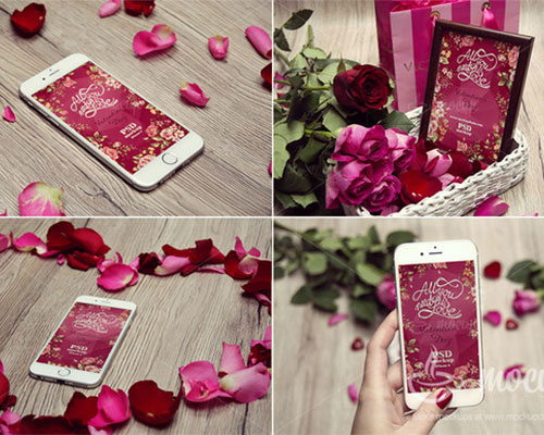 浪漫玫瑰花瓣场景笔记本iPhone手机屏幕显示样机模板