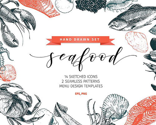 手绘餐厅美食海鲜创意复古菜单矢量素材下载