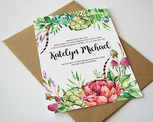手绘水彩植物花卉婚礼请柬卡设计