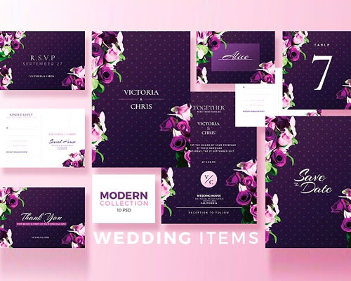 优雅紫色现代婚礼明信片邀请卡设计
