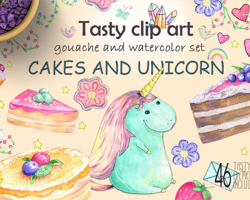 手绘儿童生日派对水彩插画独角兽蛋糕素材
