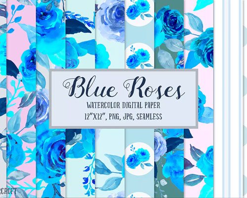 水彩图案蓝玫瑰无缝背景素材下载
