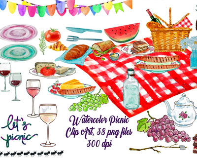 水彩野餐食物葡萄酒插画素材下载