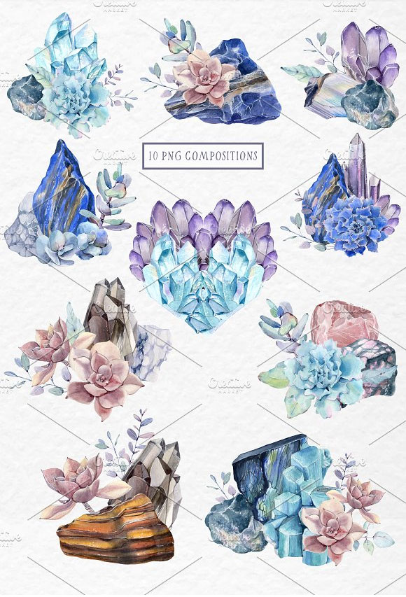 水彩晶石水晶多肉植物图案插画素材4
