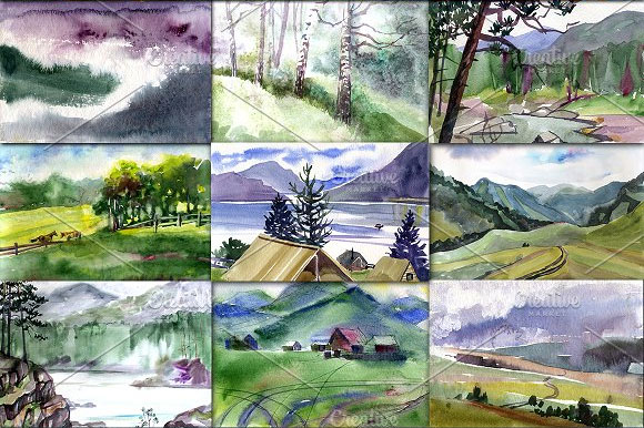 手绘水彩山水景观艺术装饰画素材2