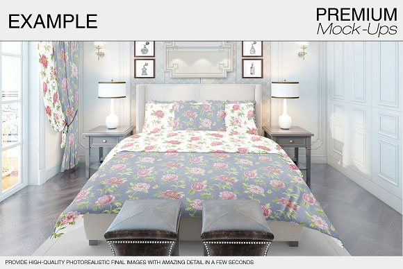 室内欧式卧室窗帘地毯床品四件套装饰画样机素材9