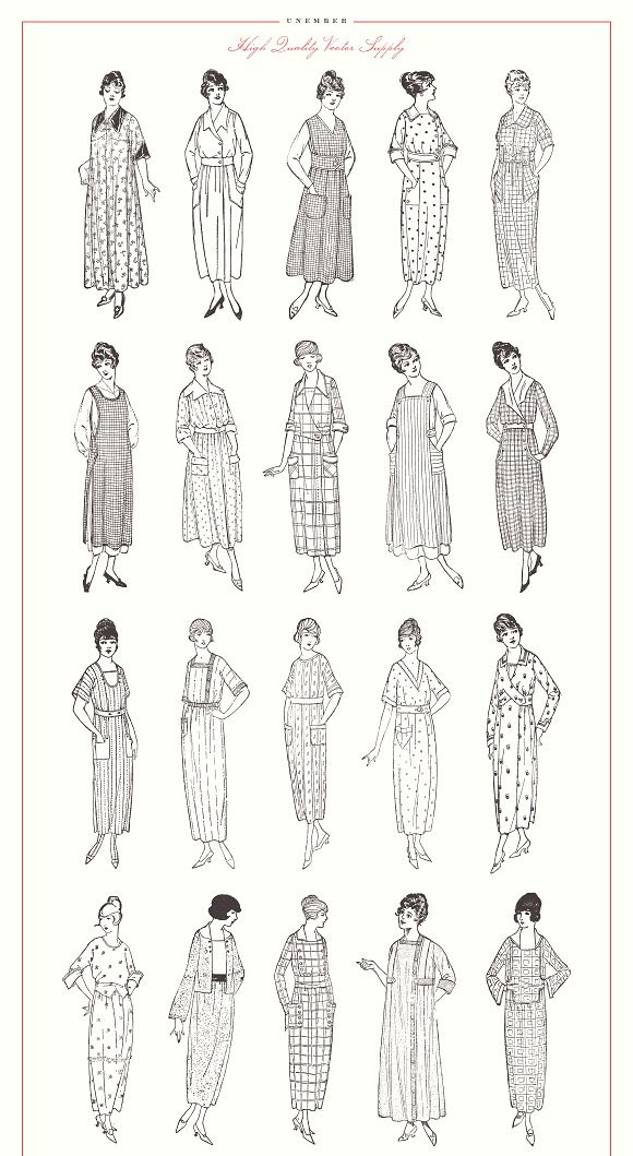 复古时尚线描古典女性儿童人物插画素材4