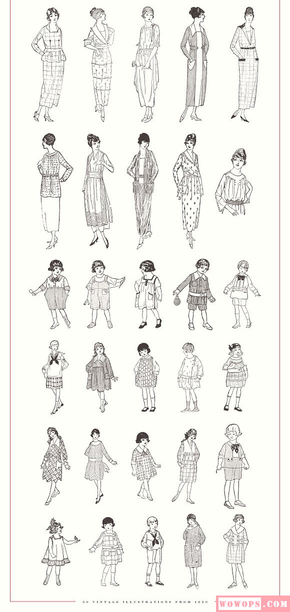 复古时尚线描古典女性儿童人物插画素材5