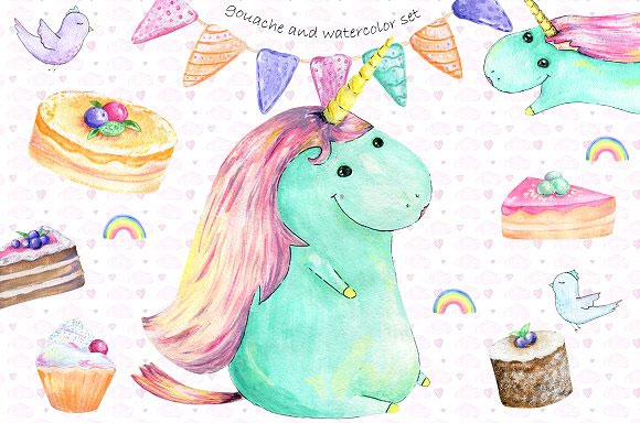 儿童生日派对水彩插画独角兽蛋糕鸟心形PNG素材2