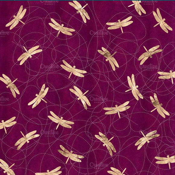 复古玫瑰金蜻蜓星星睡莲图案无缝背景素材