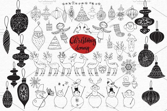 儿童手绘线描圣诞铃铛球鹿雪人插画装饰元素3