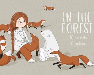 手绘复古童话可爱女孩森林动物设计元素