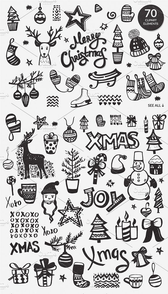 手绘涂鸦圣诞新年圣诞树糖果袜弓雪橇等插画元素2