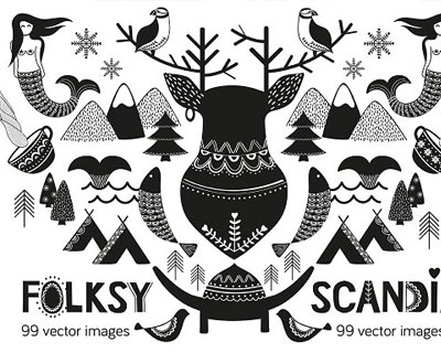 手绘圣诞节纳维亚北欧美人鱼树帐篷鹿矢量插画素材