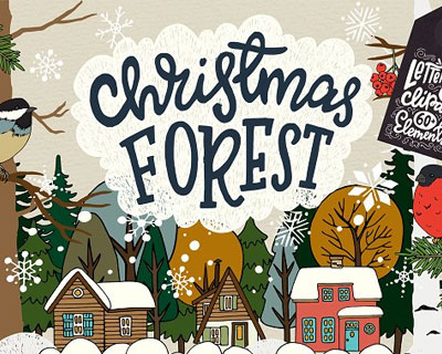 卡通圣诞鸟树木屋房子英文标签卡片设计