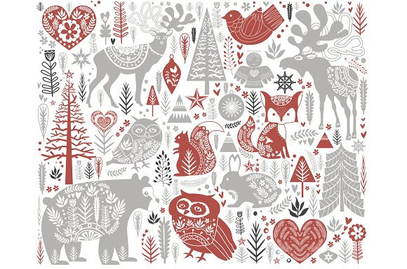 手绘圣诞动物植物森林插画设计2