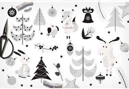 黑白圣诞球圣诞树动物植物插画素材2