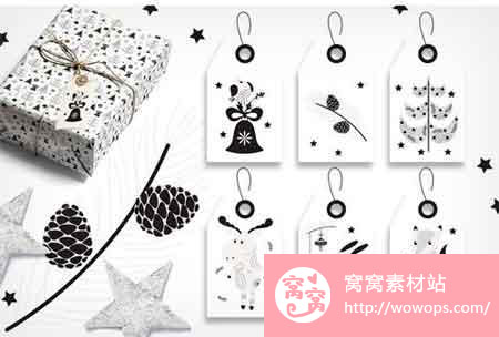 黑白圣诞球圣诞树动物植物插画素材5