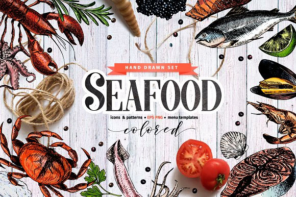 复古手绘彩色海鲜鱼类食物菜单插画素材1