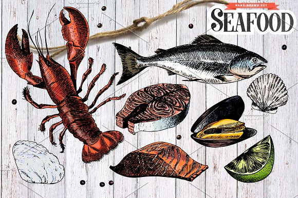 复古手绘彩色海鲜鱼类食物菜单插画素材2