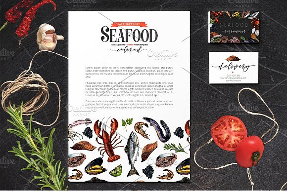 复古手绘彩色海鲜鱼类食物菜单插画素材4
