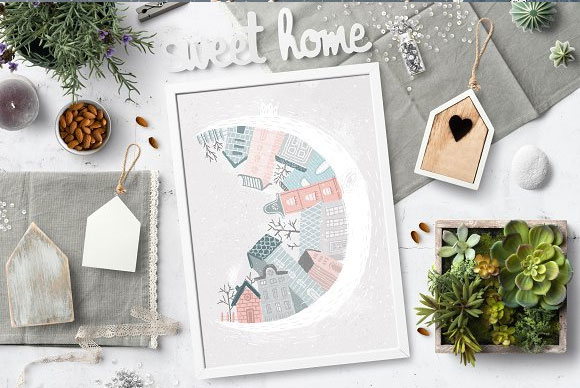 小清新简约冬季圣诞新年房子卡片设计模板2