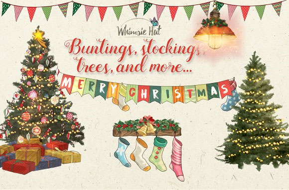 怀旧复古冬季圣诞树铃铛礼物糖果等装饰元素下载