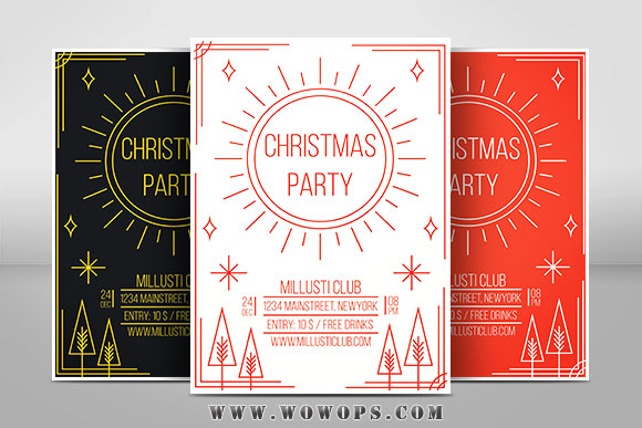 3色简约手绘线条圣诞节活动海报传单设计1