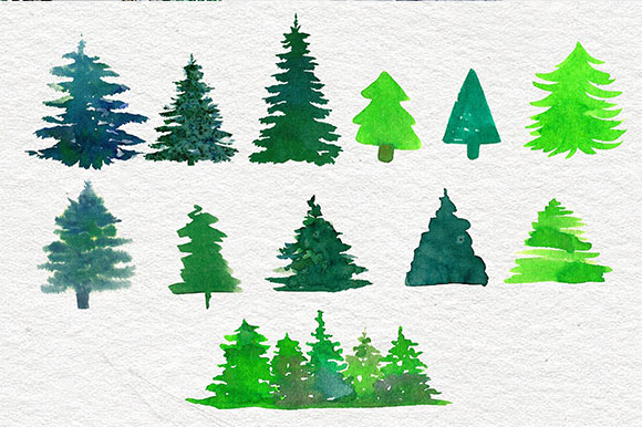 水彩手绘圣诞节森林松树植物花卉鹿角插画素材