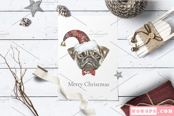 水彩画冬季圣诞节可爱狗狗卡片设计7