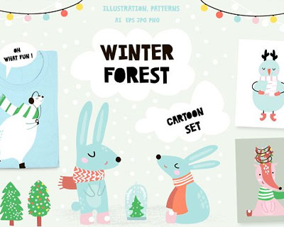 卡通冬季可爱森林动物无缝背景矢量素材