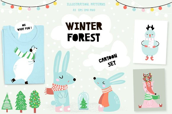 卡通冬季可爱森林动物无缝背景矢量素材1