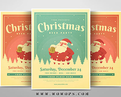 卡通复古圣诞啤酒晚会传单海报设计