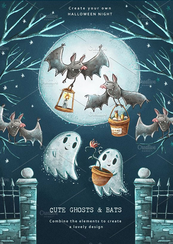 卡通有趣蝙蝠南瓜幽灵万圣节海报卡片插画素材