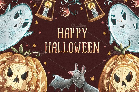 卡通有趣蝙蝠南瓜幽灵万圣节海报卡片插画素材