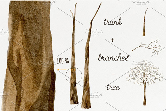 手绘水彩树枝树干素材下载