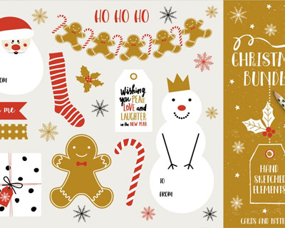 圣诞节手绘姜饼人糖果雪人装饰元素卡片背景素材
