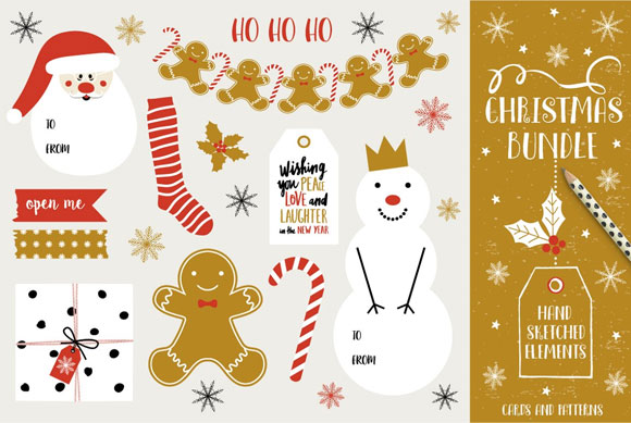圣诞节手绘姜饼人糖果雪人装饰元素卡片背景素材1