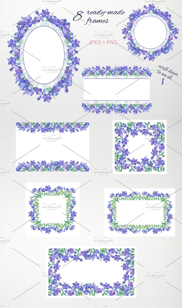 小清新水彩紫色番红花花环花框装饰素材4