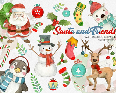 可爱手绘圣诞老人雪人节日装饰图案素材