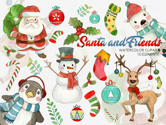 可爱手绘圣诞老人雪人节日装饰图案素材1