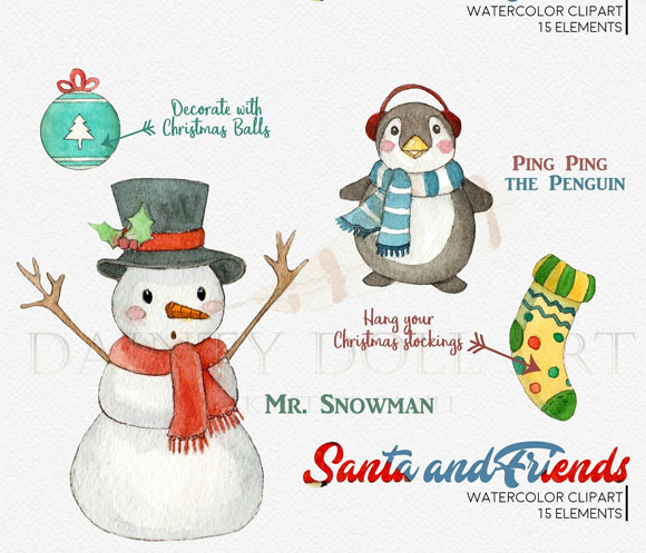 可爱手绘圣诞老人雪人节日装饰图案素材4