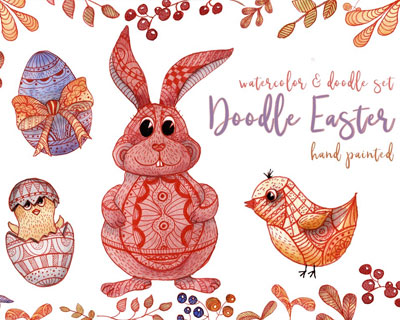 水彩涂鸦复活节兔子鸟鸡蛋插画素材