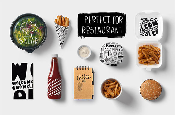 手绘线描食品标签个性餐饮背景图案素材