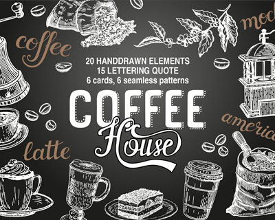 时尚复古咖啡机咖啡豆英文标签背景图案素材