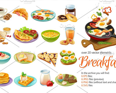 早餐美食面包牛奶三明治荷包蛋菜单插画素材